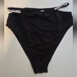Black High-Waisted Bikini Bottom with Rhinestone Straps
